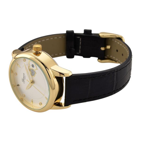 GENOA - Moissanit, Automatik-Armbanduhr mit Herz-Design und Datumsanzeige, Dandong-Uhrwerk, Wei&szlig;es Zifferblatt, Goldfarben, Schwarz Lederarmband, 36 mm image number 6
