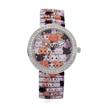 STRADA - Armbanduhr mit Katzengesichtmotiv, Kristall-L&uuml;nette, Japanisches Uhrwerk, Edelstahlzugband, Reiner Edelstahl