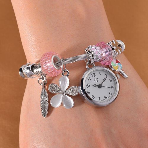 STRADA - Japanisches Uhrwerk mit weißem Kristall, Stahl-Glanz, bunten Perlen und Charms, Edelstahl, Rosa image number 1