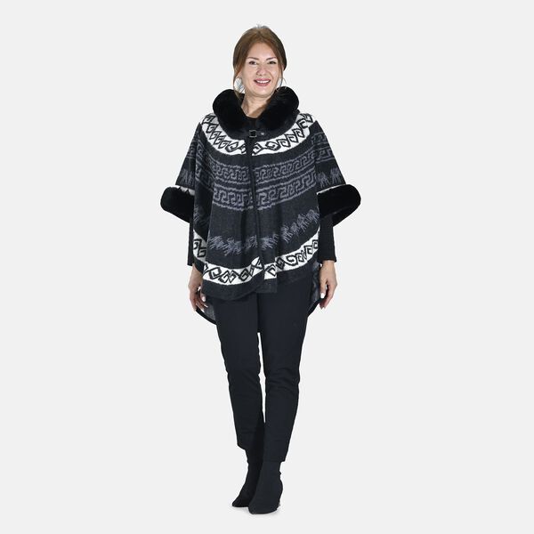 Halbmondf&ouml;rmiger Kapuzenponcho mit Druckknopfverschluss aus Kunstpelz, One Size, 80x109.22cm, Schwarz