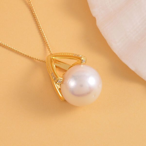 Wei&szlig;e Edison Perle, wei&szlig;er Zirkon Anh&auml;nger mit Kette im Schmuckset, 925 Silber Gelbgold Vermeil ca. 0.12 ct image number 3