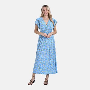 Floral Romance Maxikleid mit gesmokter Taille und Volant&auml;rmeln, 35x128cm, Blau