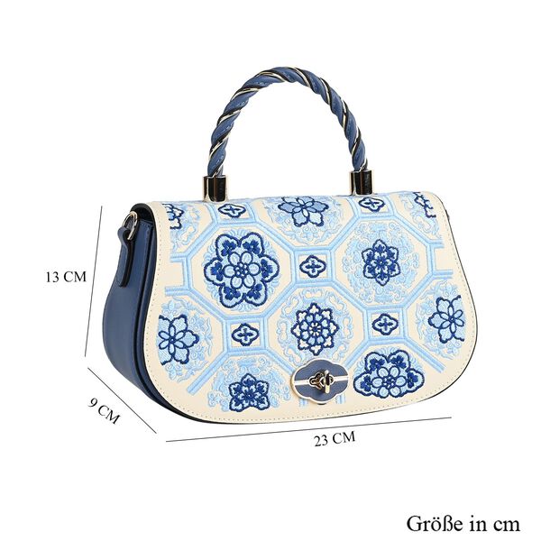 GRAND PELLE Umhängetasche aus echtem Leder, Florale Gitterstickerei, mit Tragegriff und Schulterriemen, 23×9×13 cm, Blau image number 7