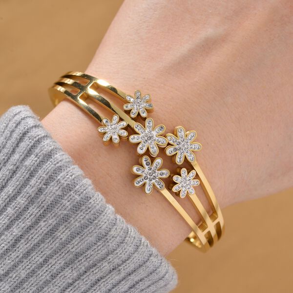 Weißer Kristall Armreif ca. 19 cm Reiner Edelstahl, Goldfarben image number 2