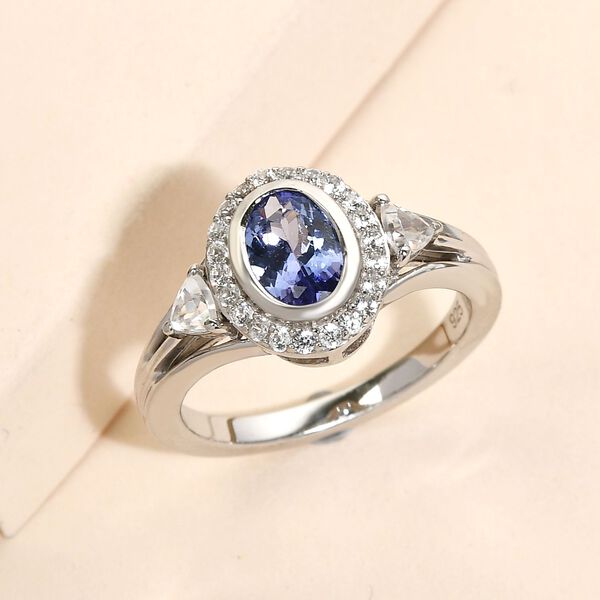Tansanit und wei&szlig;er Zirkon-Ring, 925 Silber platiniert  ca. 1,39 ct image number 2