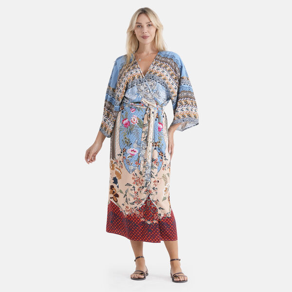 LA MAREY Kimono mit Vogel- und Blumenprint 100% Viskose Einheitsgr&ouml;&szlig;e 128 cm L&auml;nge, passend f&uuml;r Gro&szlig;e 36-44, Beige