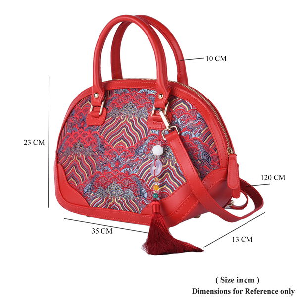 Seidenbrokat Tasche aus 100% Leder mit nat&uuml;rlicher Jade Quaste, Gr&ouml;&szlig;e 35x23x13 cm, Rot image number 7