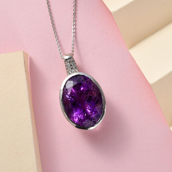 Rose de France Amethyst und wei&szlig;er Zirkon Anh&auml;nger mit Kette, 925 Silber platiniert ca. 17.08 ct image number 3