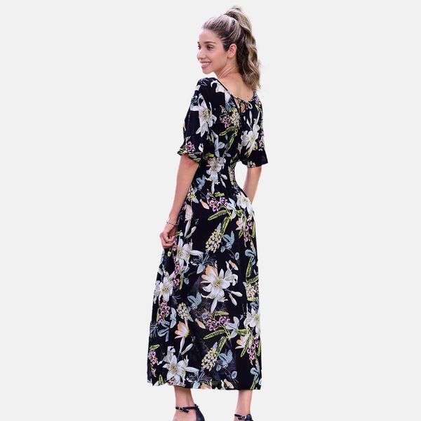 Gesmoktes Maxi-Kleid, Blumenmuster, Schwarz image number 6