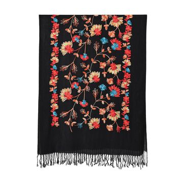 Bestickter Schal mit Fransen, Schwarz