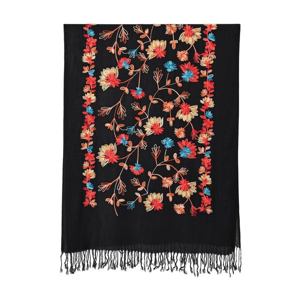Bestickter Schal mit Fransen, Schwarz image number 2