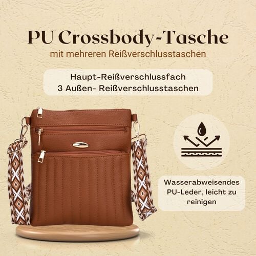 Crossbody-Tasche mit mehreren Reißverschlussfächern, gemustertem Schulterriemen, 23x26 cm, Schwarz