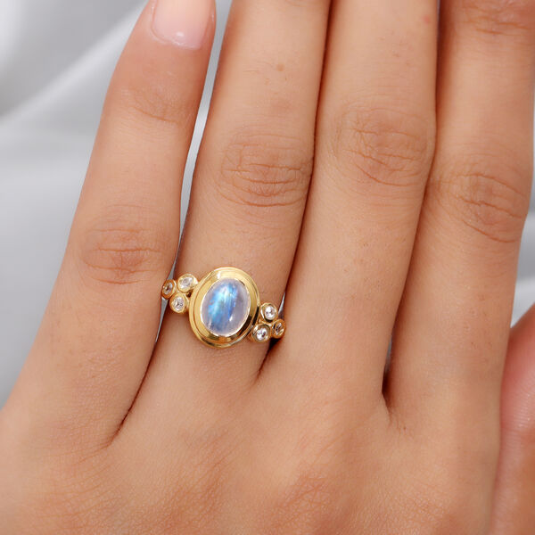 Regenbogen Mondstein und Zirkon-Ring, 925 Silber vergoldet  ca. 2,46 ct image number 3