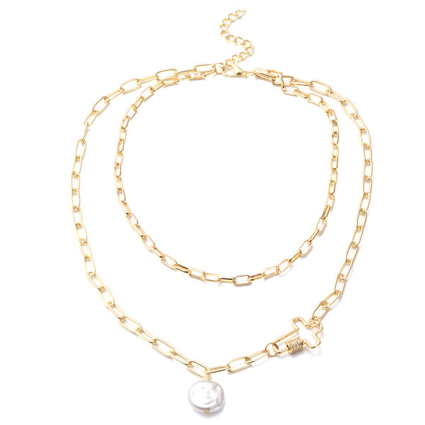 Kunststoff Perle, Weißer Kristall Halskette ca. 42+7 cm goldfarben image number 0