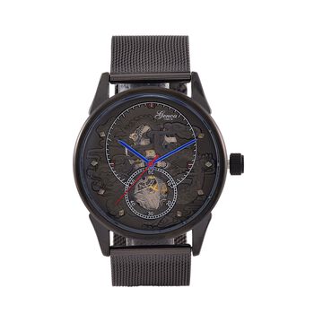 GENOA TIME V2 - Automatische mechanische Uhr mit Drachenmuster und Edelstahl-Mesharmband, 23 cm, schwarz, ca. 89,00g