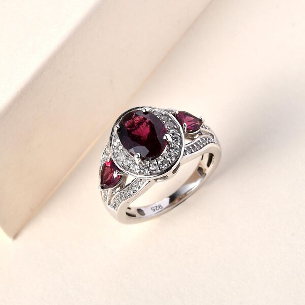 Rhodolith Granat und Zirkon-Halo-Ring, 925 Silber platiniert, 3,38 ct. image number 2
