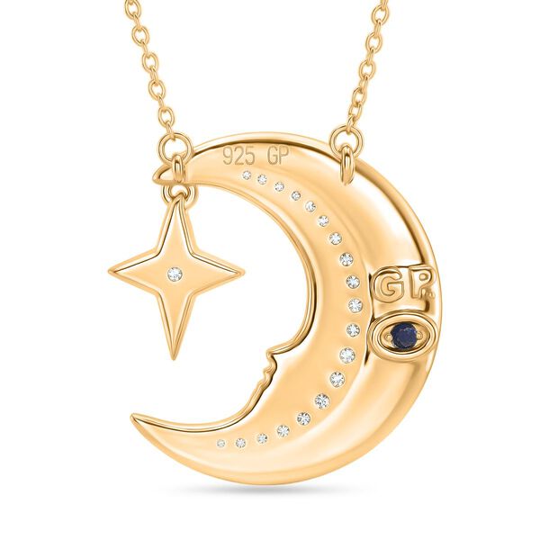 GP - Kanchanaburi Blauer Saphir, Wei&szlig;er Diamant Schmuckset ca. 50 cm, 925 Silber Rhodiniert und 750 Gelbgold Vermeil ca. 0,15 ct. image number 4