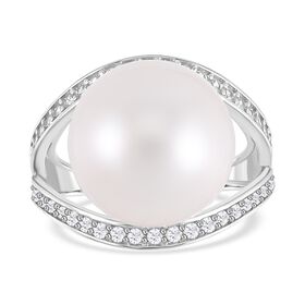 14-15mm weißer Edison Perle und Zirkon-Ring - 0,85 ct.