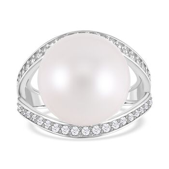 14-15mm wei&szlig;er Edison Perle und Zirkon-Ring - 0,85 ct.