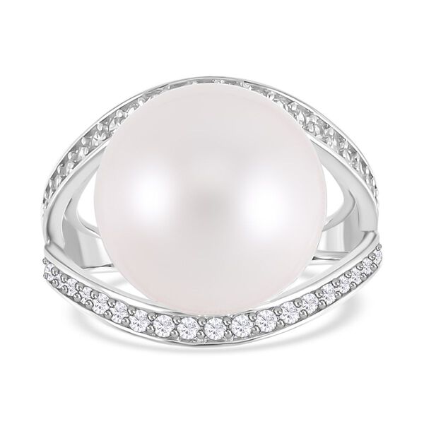 14-15mm wei&szlig;er Edison Perle und Zirkon-Ring - 0,85 ct.