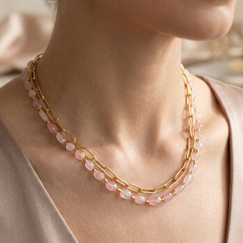 Rosenquarz Halskette, ca. 45 cm + 5 cm Extender, vergoldet ca. 130.00 ct