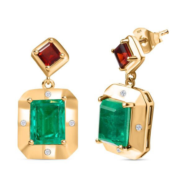 Smaragd-Quarz Triplette, Roter Granat Ohrringe 925 Silber 750 Gelbgold Vermeil ca. 7,12 ct.