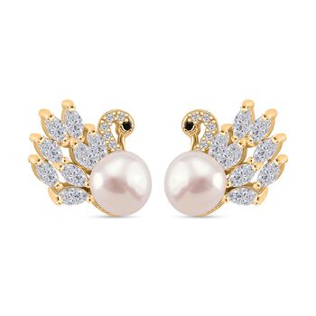 Wei&szlig;e S&uuml;&szlig;wasser Perle, Wei&szlig;er Zirkonia Ohrringe, Nickelfreies Messing