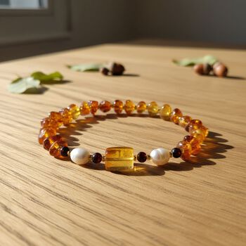 Wei&szlig;e S&uuml;&szlig;wasser Perle (6-8 mm), Mehrfarbiger Bernstein Armband, Flexibles ca. 18 cm - 19 cm