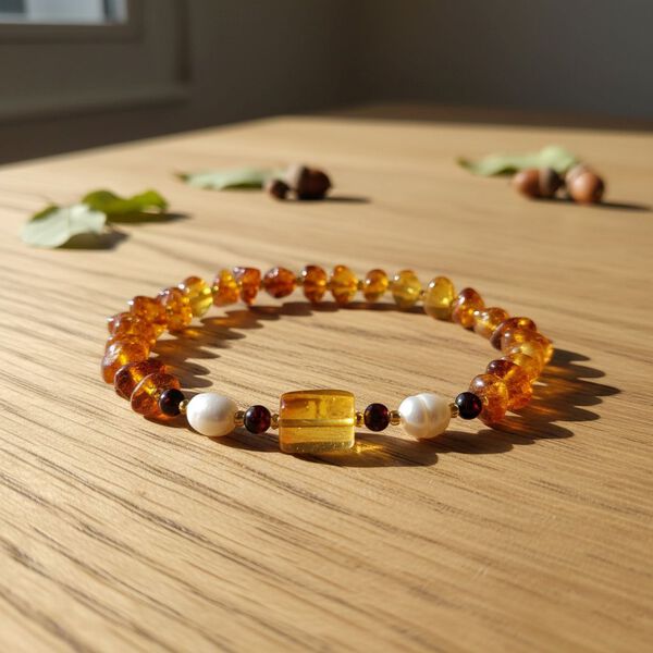 Wei&szlig;e S&uuml;&szlig;wasser Perle (6-8 mm), Mehrfarbiger Bernstein Armband, Flexibles ca. 18 cm - 19 cm image number 2