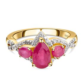 Afrikanischer Rubin (Fissure gefüllt) und Zirkon-Ring, 925 Silber vergoldet, (Größe 16.00) ca. 2.20 ct