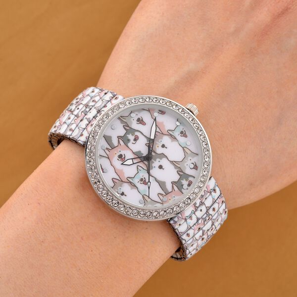 STRADA - Armbanduhr mit Katzenmotiv, Kristall-L&uuml;nette, Japanisches Uhrwerk, Edelstahlzugband, Reiner Edelstahl image number 2