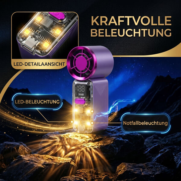 LIVMORE High Speed Mini Taschenventilator mit LED Licht, 3000 mAh Akku, 6 Geschwindigkeitsstufen, Lila image number 2