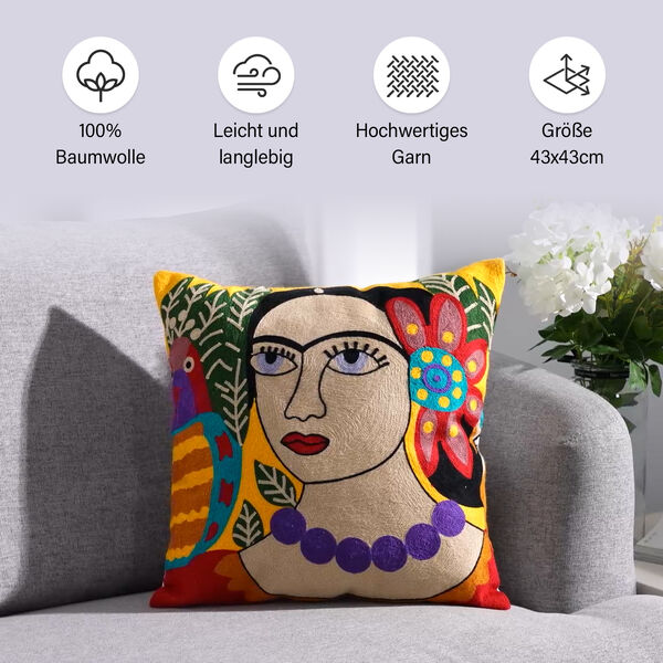 Frieda Kahlo Besticktes Kissenbezug aus 100% Baumwolle, 43x43 cm, Frieda image number 8