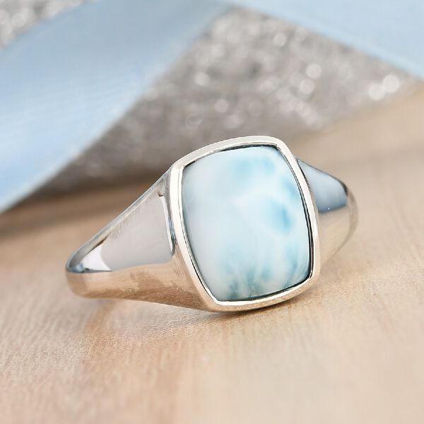 Larimar Solitär Herren Ring 925 Silber Platin-Überzug image number 2
