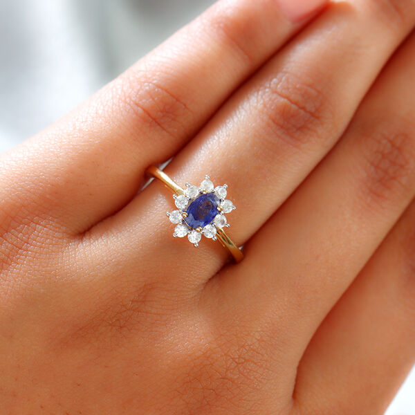 Blauer Saphir und Zirkon-Halo-Ring, 925 Silber vergoldet, 1,18 ct. image number 3