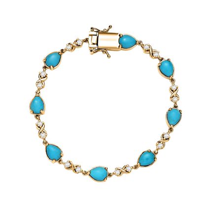 D'Joy AA Sleeping Beauty T&uuml;rkis, Wei&szlig;er Zirkon Armband ca. 19 cm 925 Silber 750 Gelbgold Vermeil ca. 9,34 ct.