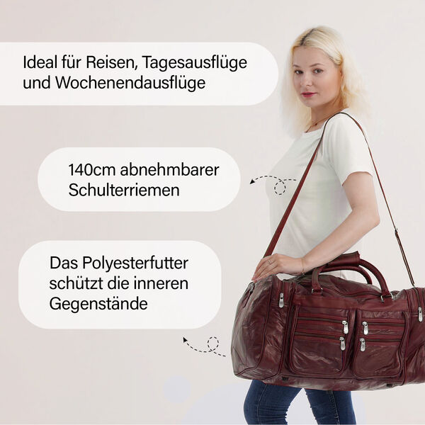 Patchwork-Reisetasche aus Schafleder mit 6 Außentaschen und Schulterriemen, 51x29x28 cm, Burgund image number 5