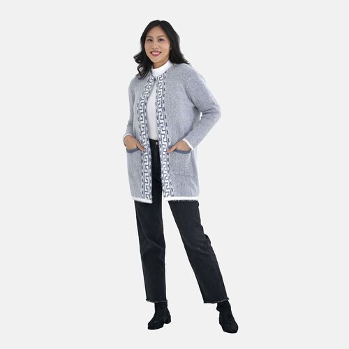 Cardigan Damen mit 2 Taschen, blau und und weiß image number 0