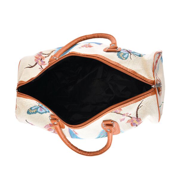 "Life style Color:White with blue butterfly print /Profile:Duffel bag wall(exterior):Polyester    Lining(interior): polyester; Pockets(exterior):Zipped-1 Pockets(interior):none Measurement:45*23*27cm         " image number 6