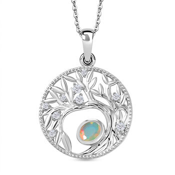 AA Nat&uuml;rlicher, &auml;thiopischer Welo Opal, Wei&szlig;er Zirkon Anh&auml;nger mit Kettte, ca. 50 cm 925 Silber Platiniert ca. 0.41 ct