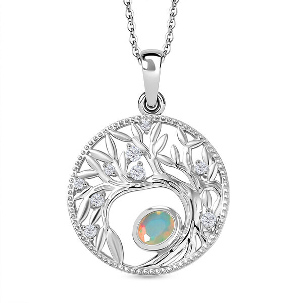 AA Nat&uuml;rlicher, &auml;thiopischer Welo Opal, Wei&szlig;er Zirkon Anh&auml;nger mit Kettte, ca. 50 cm 925 Silber Platiniert ca. 0.41 ct