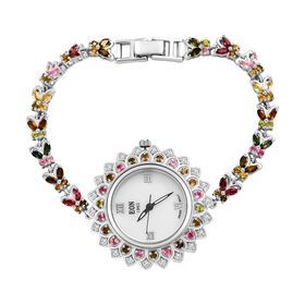 EON 1962 Schweizer Uhrwerk Multiturmalin und Zirkon-Armbanduhr in rhodiniertem 925 Silber - 4,87 ct.