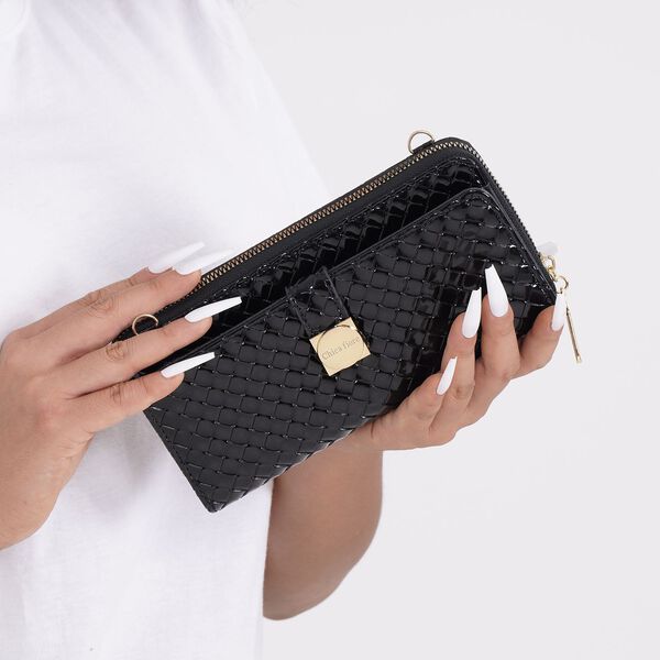 CLOSE OUT - gewebter Crossbody gl&auml;nzend Tasche, Multif&auml;cher, 20x10 cm, Schwarz image number 3