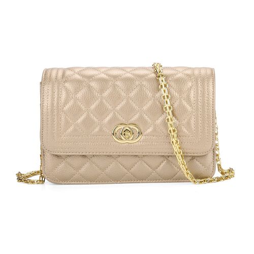 Shoulde bag with metal shoulder chain
Color:gold
Size: L23.5xH15xW8cm
Wall: Polyester
Lining: Genuine leather+ polyester
Exterior: open pocket
Interior: slip-2, zipped-1
shoulder strap:120cm image number 0