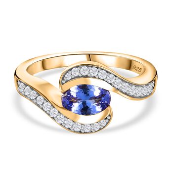 Tansanit, Wei&szlig;er Zirkon Ring 925 Silber 750 Gelbgold Vermeil (Gr&ouml;&szlig;e 17.00) ca. 1,02 ct