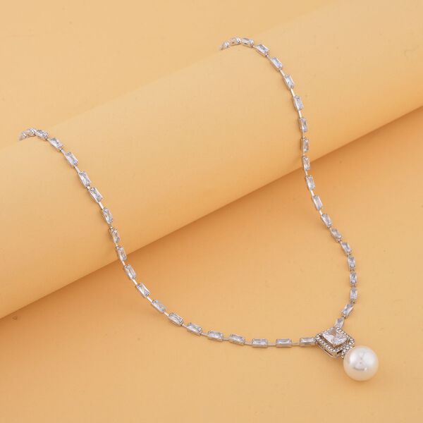 Wei&szlig;er Zirkonia, wei&szlig;e Muschelkernperle, Halskette, ca. 50 cm, ca. 8.00 ct image number 1