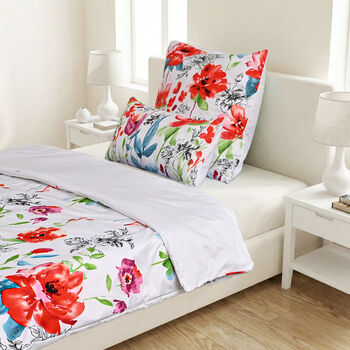 6-teiliges Bettw&auml;sche-Set, Bunte Floralprint, 135x200cm, Wei&szlig;