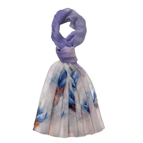 LA MAREY - Luxuriöser Floral-Print Schal, Merinowolle und Maulbeerseide, blau/lila image number 0
