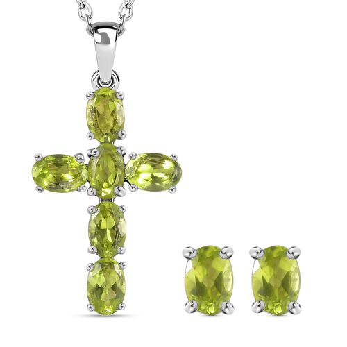 Natürlicher Peridot Kreuz-Anhänger und Ohrringe, Edelstahl ca. 3,94 ct image number 0