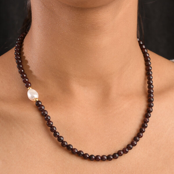 Rote Granat-Perlen und wei&szlig;e Barockperle Halskette, 45 cm image number 3